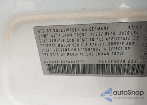 2008 Volkswagen Gti 4-Door z USA, uszkodzony, nr VIN WVWGV71K08W043870